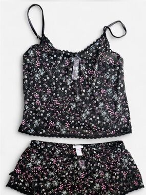 Savage X Fenty Black Floral Lace-Trim Cami & Shorts Set